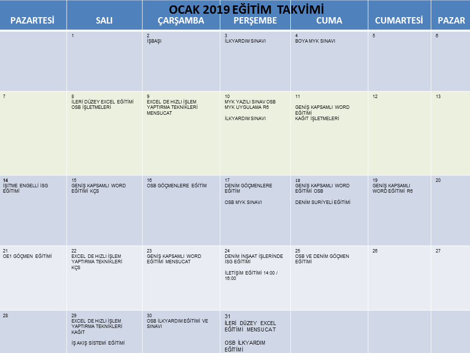2019 Takvimleri