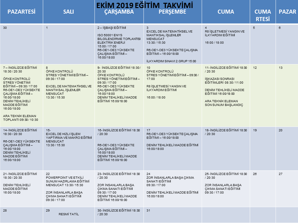 2019 Takvimleri